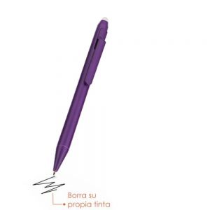 Bolígrafo de plástico, con mecanismo retráctil y goma para borrar la escritura.